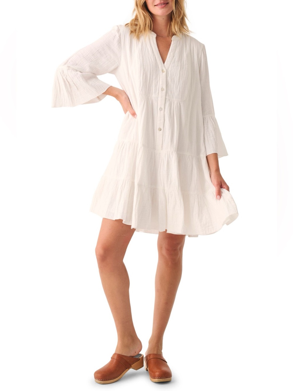 Faherty White Tiered Button-Front Mini Dress